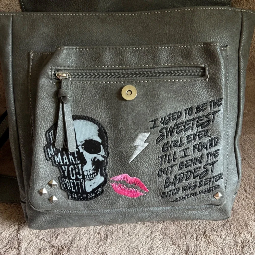 Beautiful Disaster Grey Studded Convertible Backpack Crossbody Bag Skull Punk
